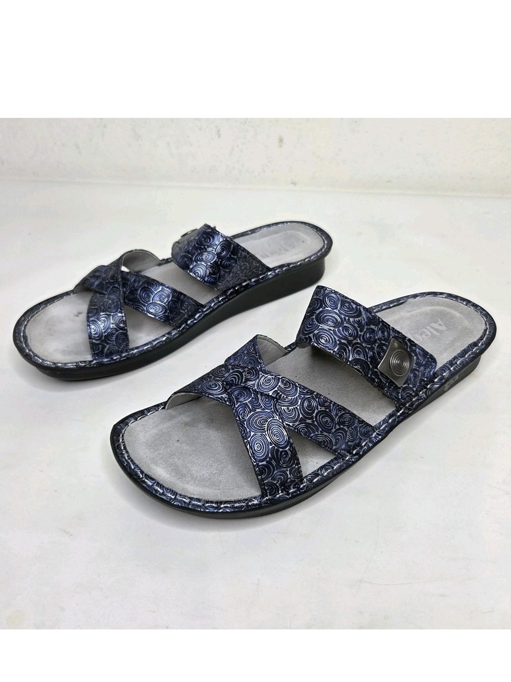 Alegria Victoriah Leather Swirl Slide Sandal EU 42 US 11.5-12 Blue Silver Boho